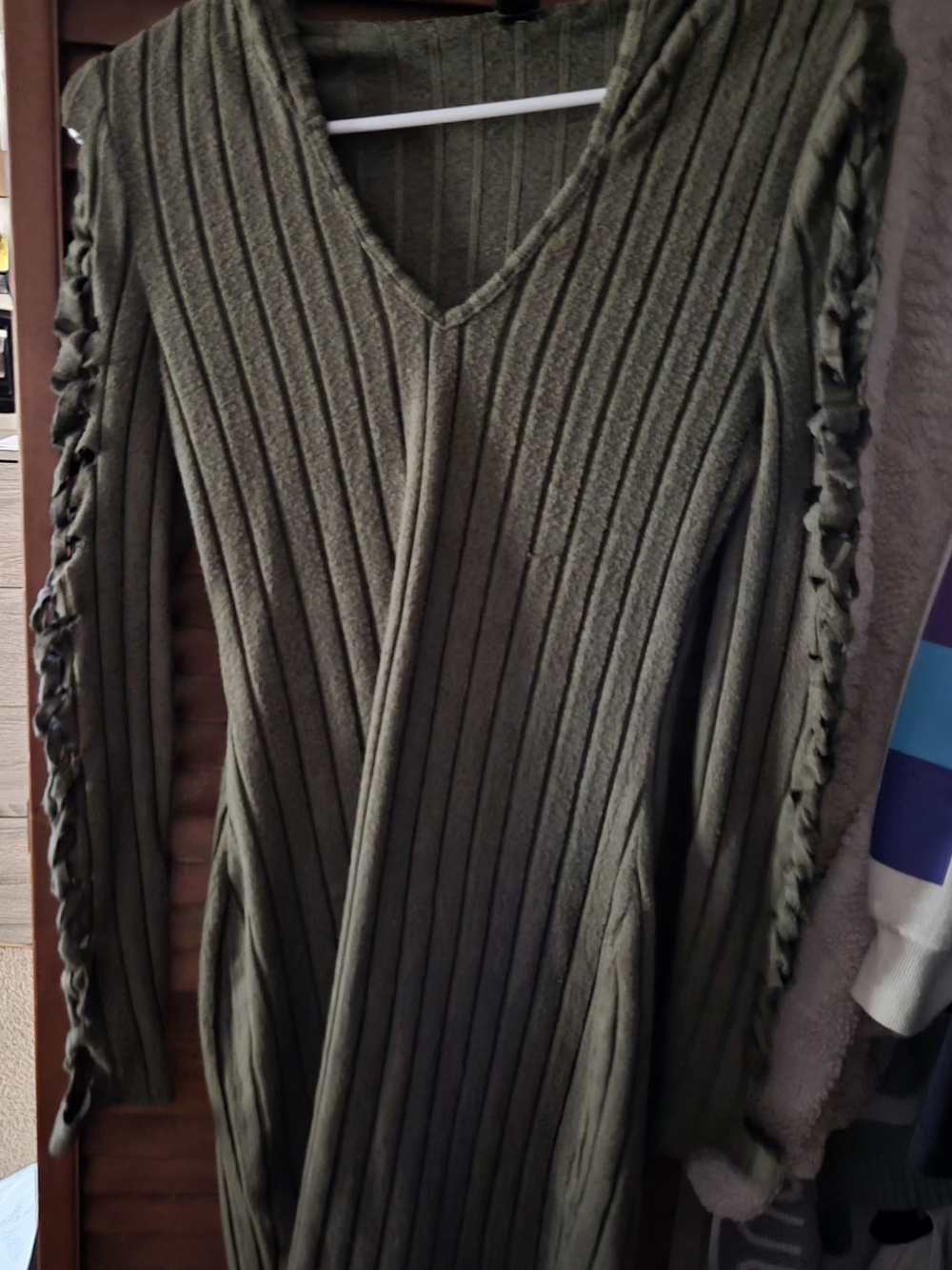 Olive Green Ribbed V-Neck Sweater Dress